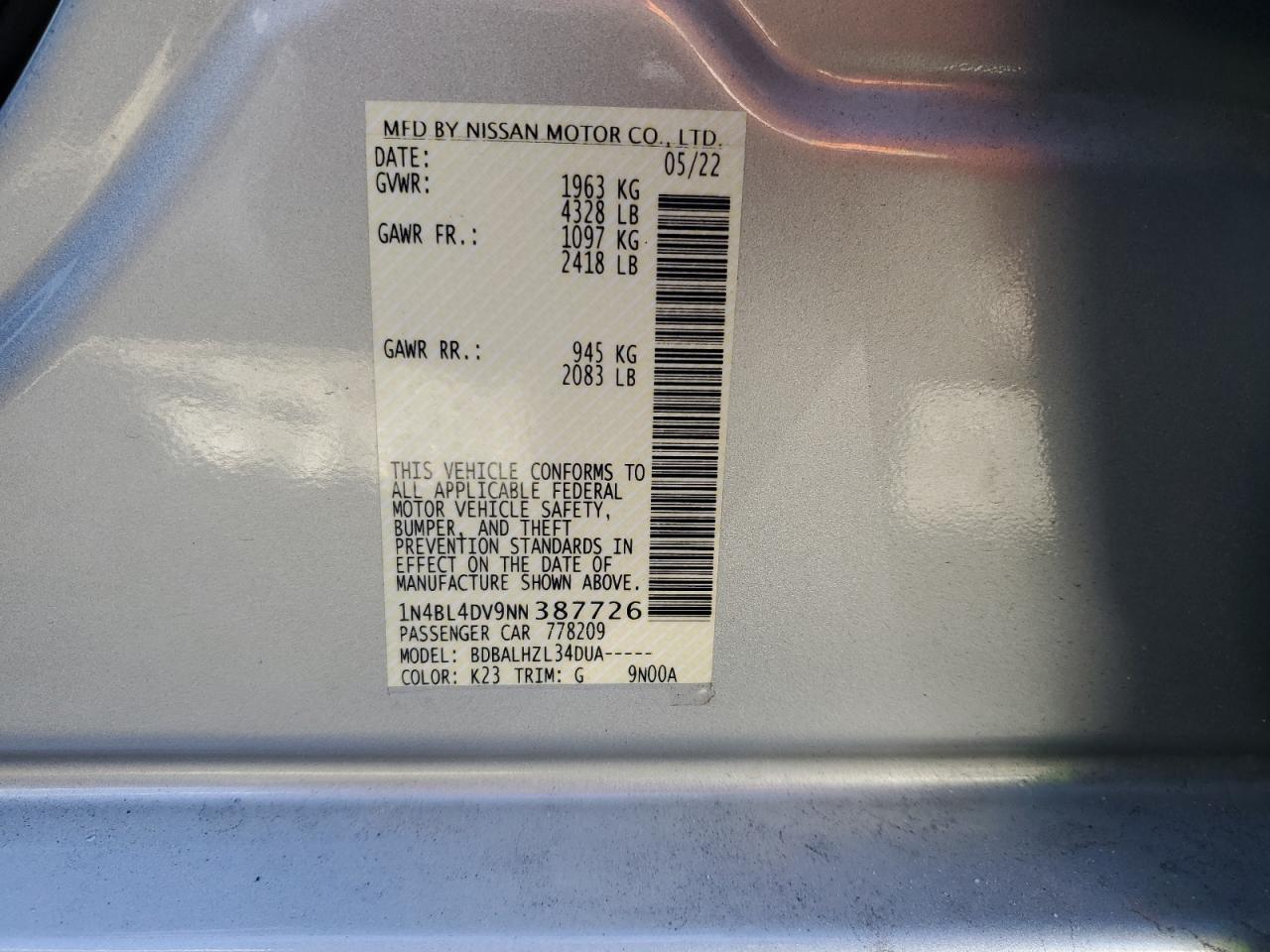 2022 NISSAN ALTIMA SV VIN:1N4BL4DV9NN387726