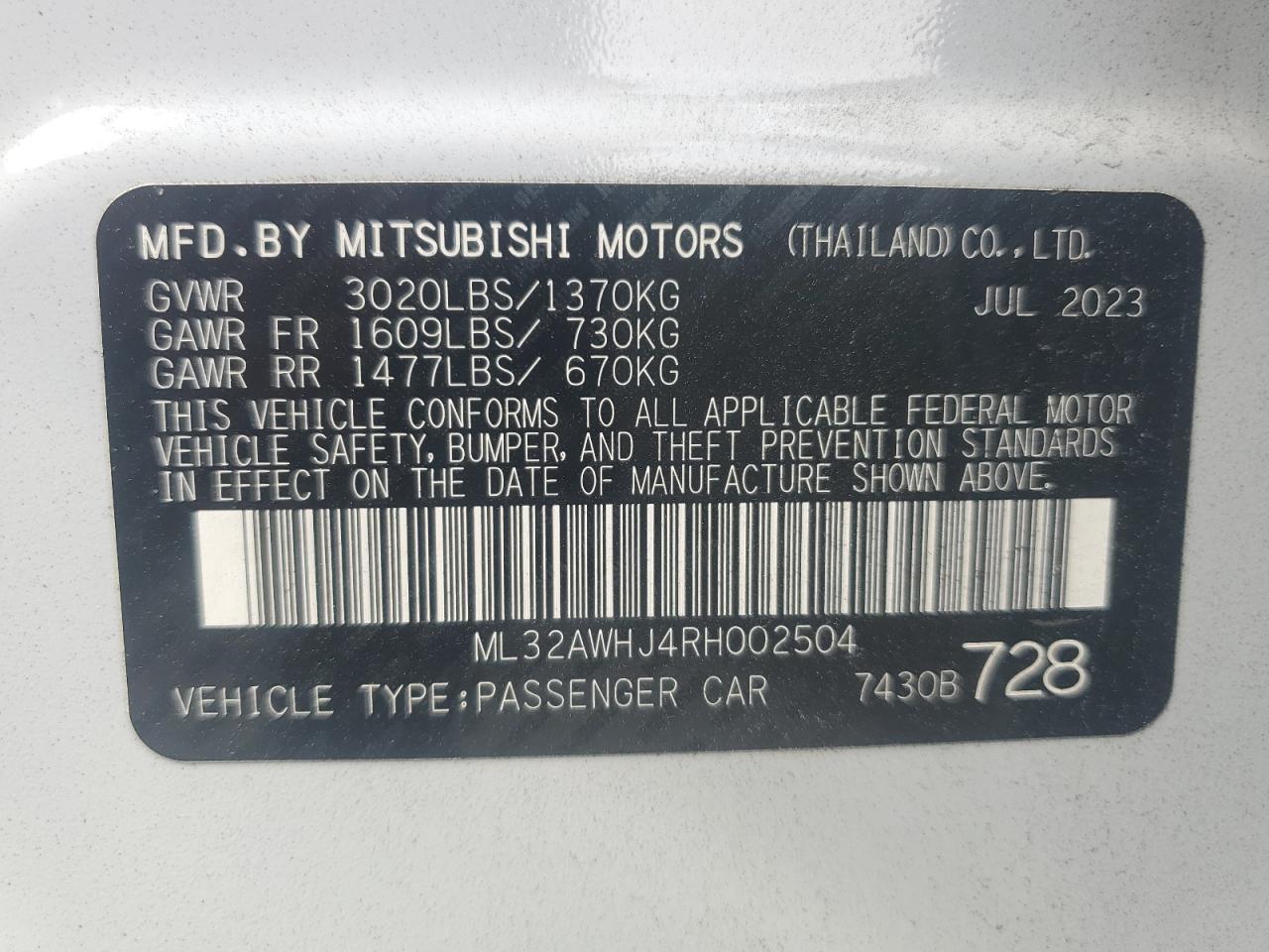 2024 MITSUBISHI MIRAGE SE VIN:ML32AWHJ4RH002504