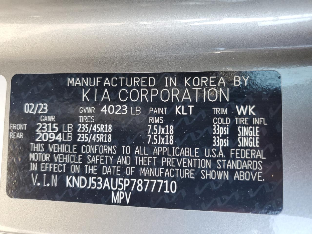 2023 KIA SOUL GT LINE VIN:KNDJ53AU5P7877710