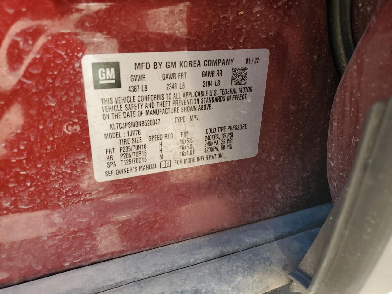 2022 CHEVROLET TRAX 1LT VIN:KL7CJPSM0NB520047