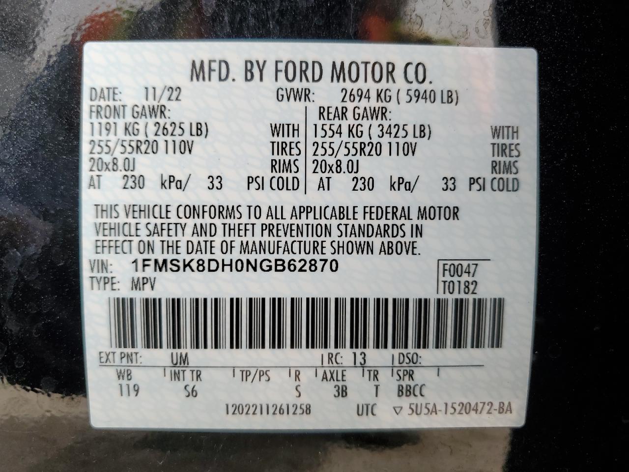 2022 FORD EXPLORER XLT VIN:1FMSK8DH0NGB62870