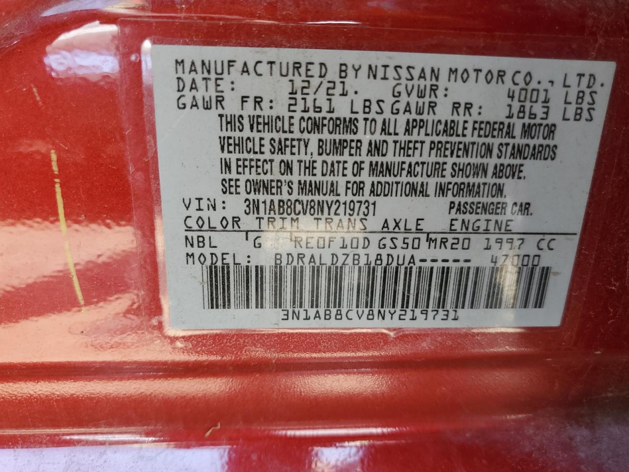 2022 NISSAN SENTRA SV VIN:3N1AB8CV8NY219731