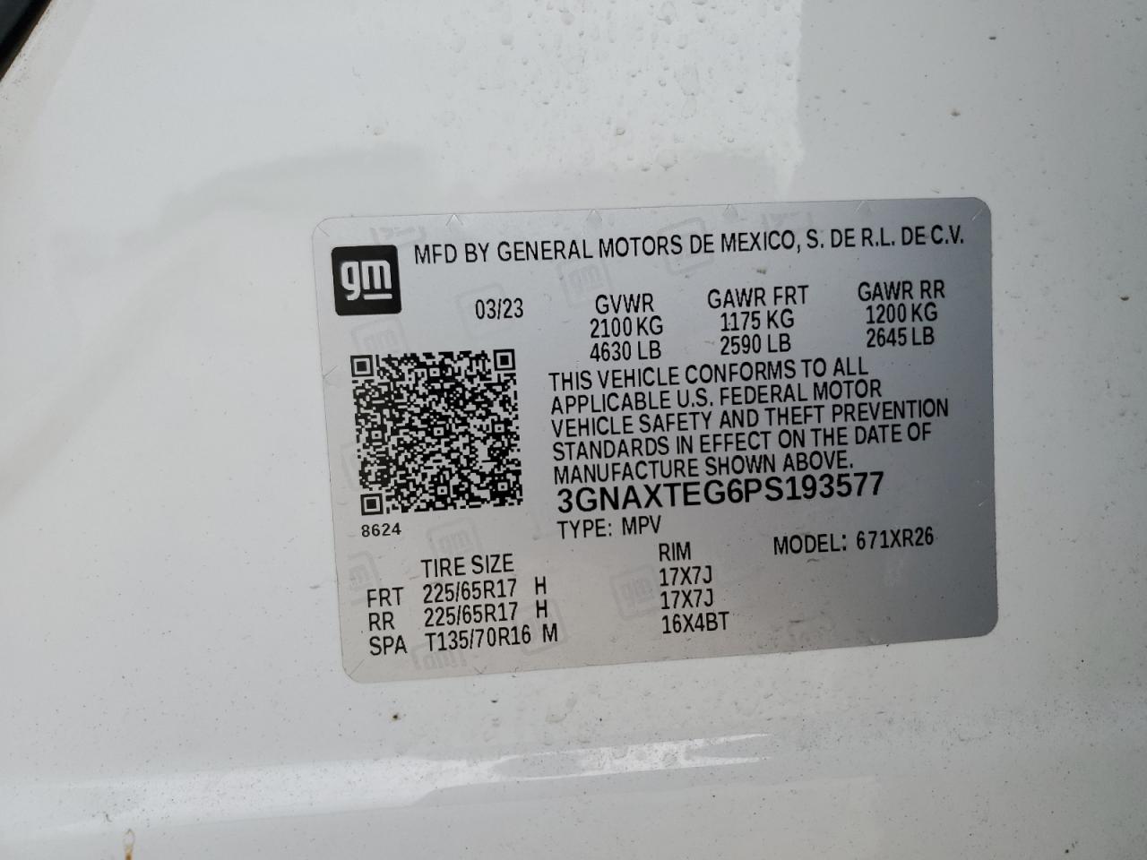 2023 CHEVROLET EQUINOX LT VIN:3GNAXTEG6PS193577