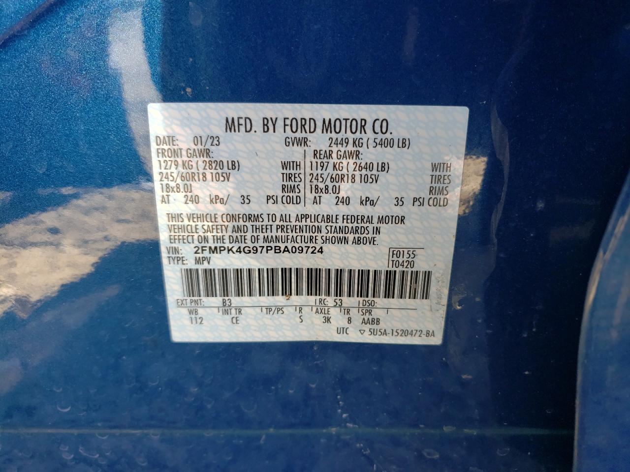 2023 FORD EDGE SE VIN:2FMPK4G97PBA09724