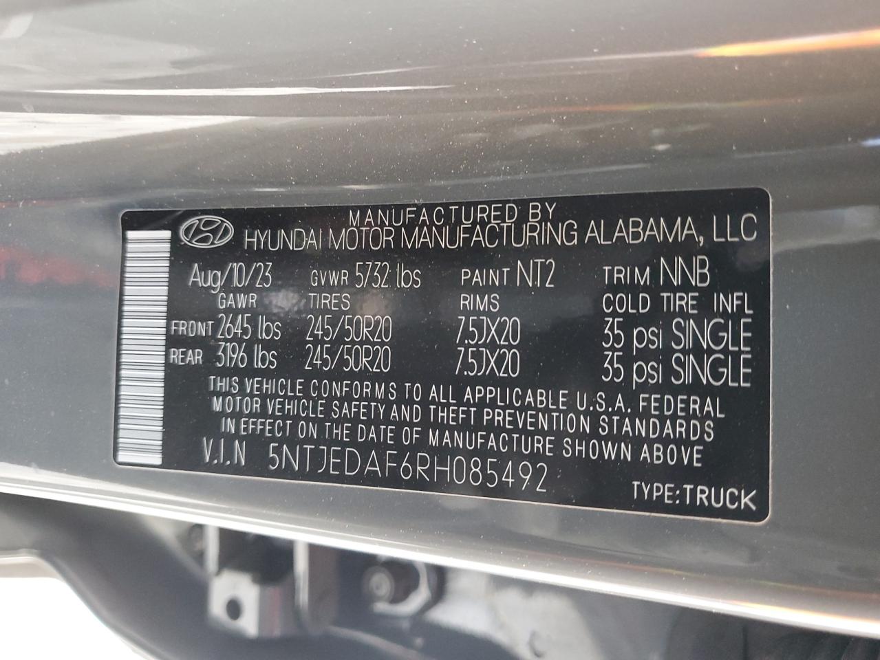 2024 HYUNDAI SANTA CRUZ LIMITED VIN:5NTJEDAF6RH085492