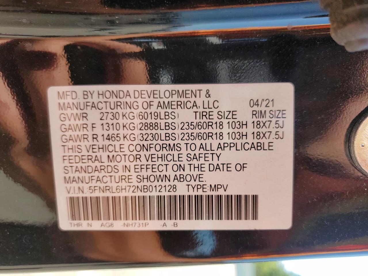 2022 HONDA ODYSSEY EXL VIN:5FNRL6H72NB012128