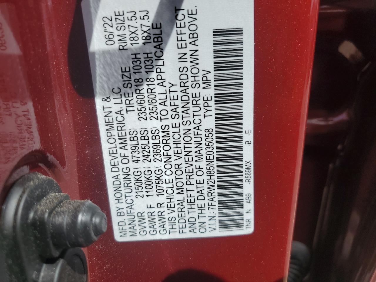 2022 HONDA CR-V EXL VIN:7FARW2H85NE035058