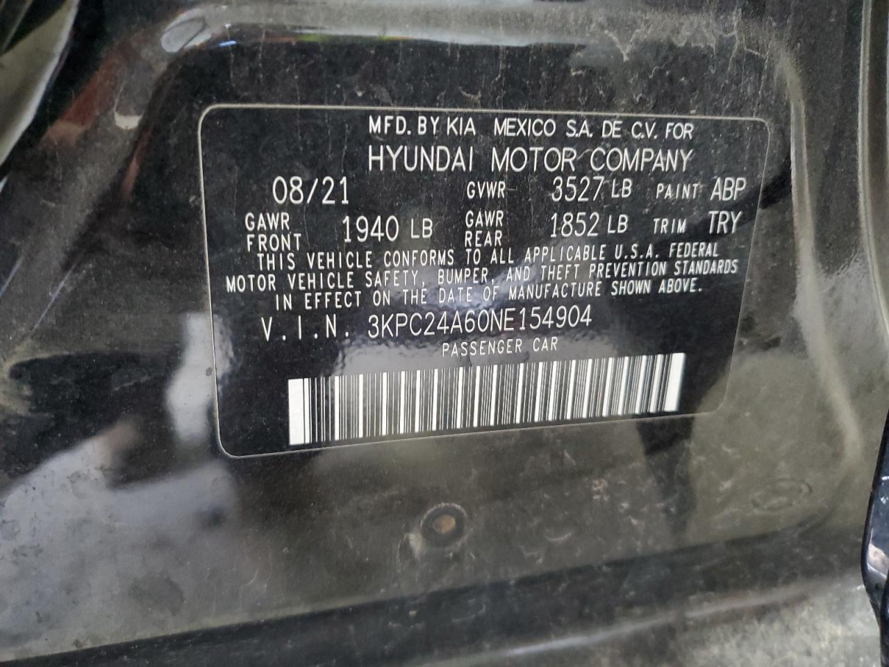 2022 HYUNDAI ACCENT SE VIN:3KPC24A60NE154904