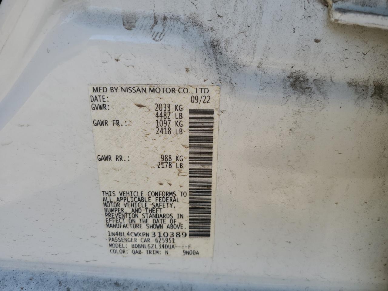 2023 NISSAN ALTIMA SR VIN:1N4BL4CWXPN310389