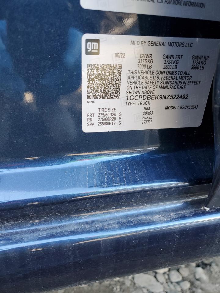 2022 CHEVROLET SILVERADO K1500 CUSTOM VIN:1GCPDBEK9NZ522492