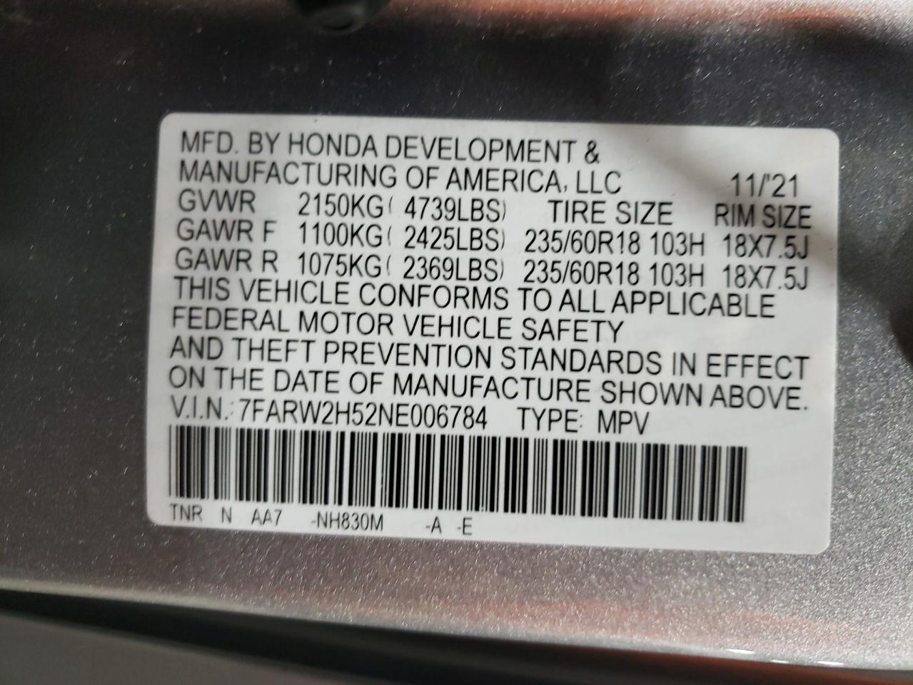 2022 HONDA CR-V EX VIN:7FARW2H52NE006784