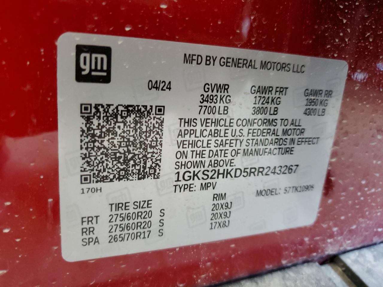 2024 GMC YUKON XL K1500 AT4 VIN:1GKS2HKD5RR243267