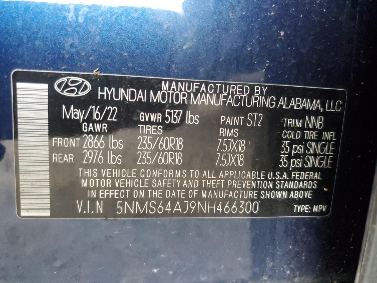 2022 HYUNDAI SANTA FE SEL VIN:5NMS64AJ9NH466300