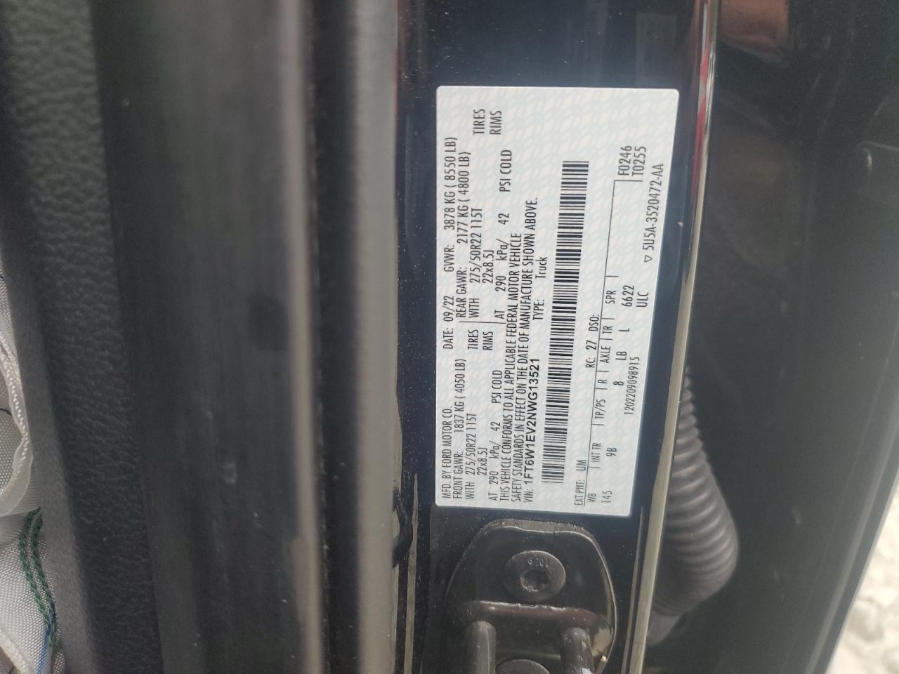 2022 FORD F150 LIGHTNING PRO VIN:1FT6W1EV2NWG13521