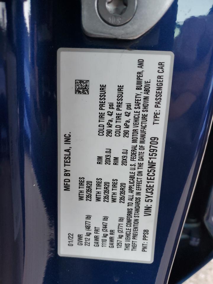 2022 TESLA MODEL 3  VIN:5YJ3E1EC5NF159709
