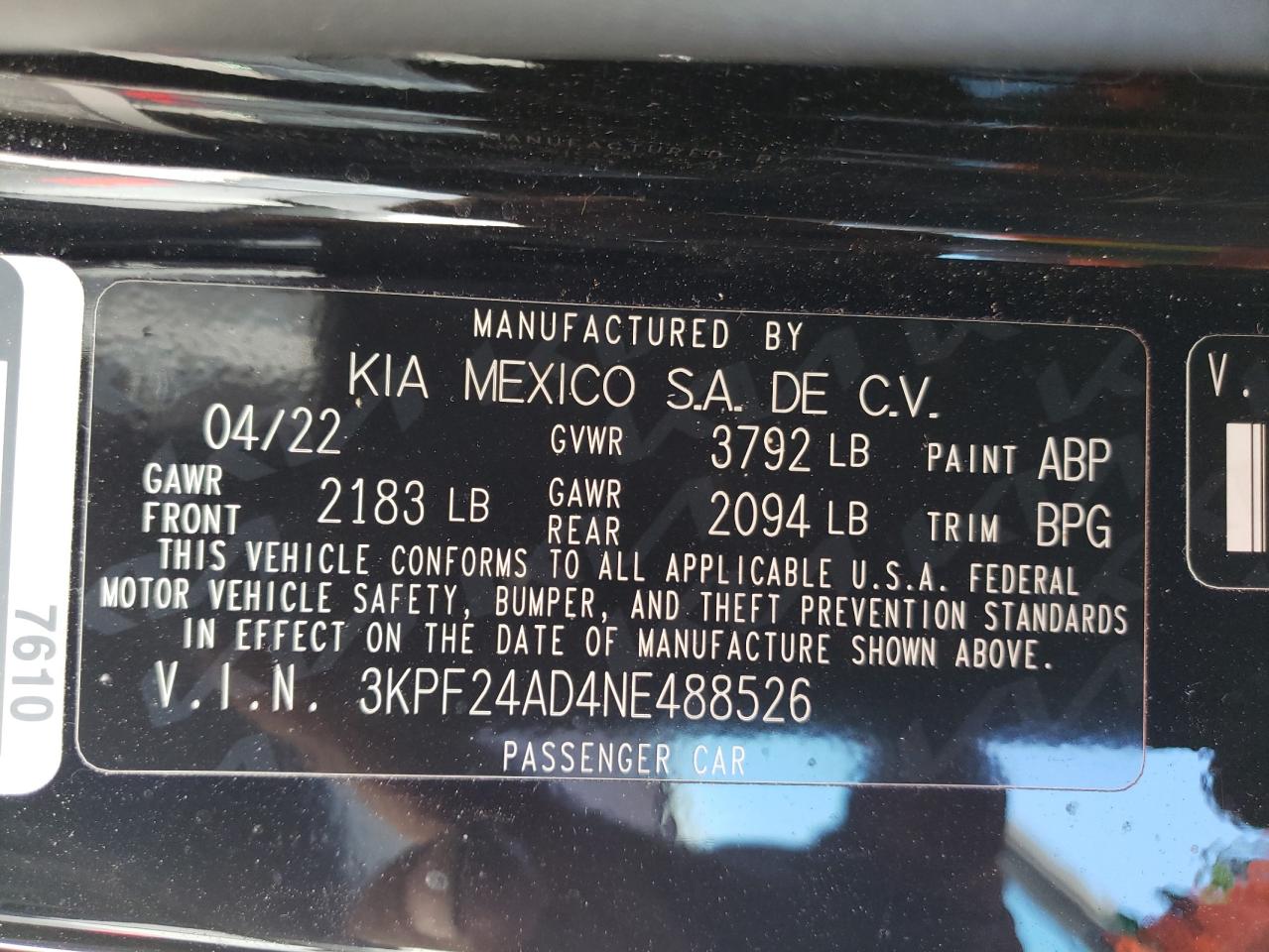 2022 KIA FORTE FE VIN:3KPF24AD4NE488526