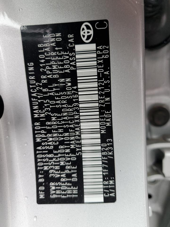 2022 TOYOTA COROLLA LE VIN:5YFEPMAEXNP391674