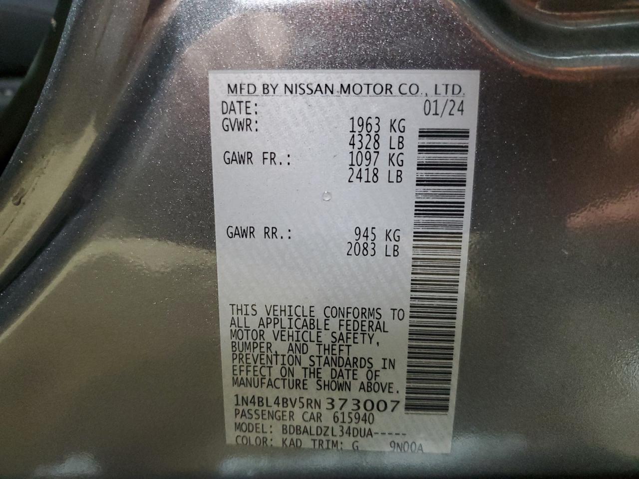 2024 NISSAN ALTIMA S VIN:1N4BL4BV5RN373007