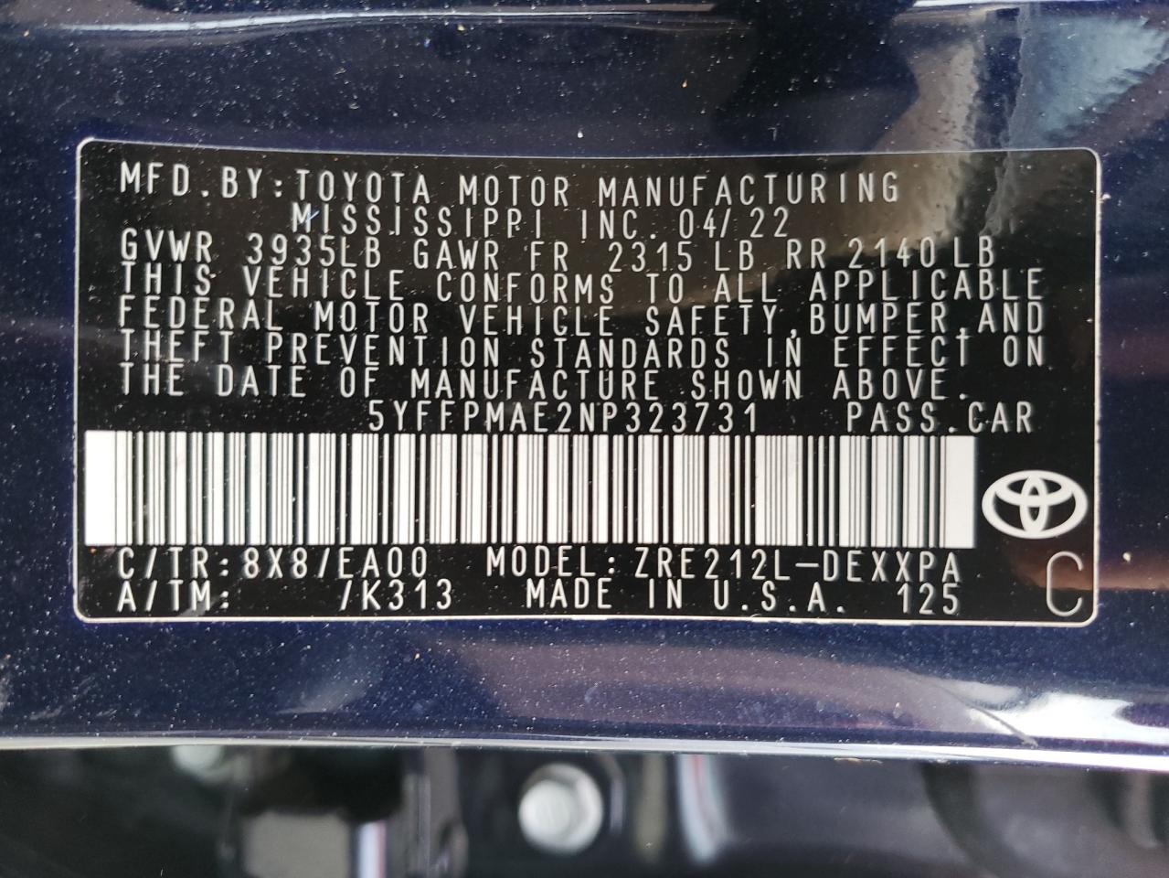 2022 TOYOTA COROLLA XLE VIN:5YFFPMAE2NP323731