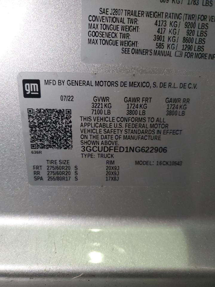 2022 CHEVROLET SILVERADO K1500 LT TRAIL BOSS VIN:3GCUDFED1NG622906