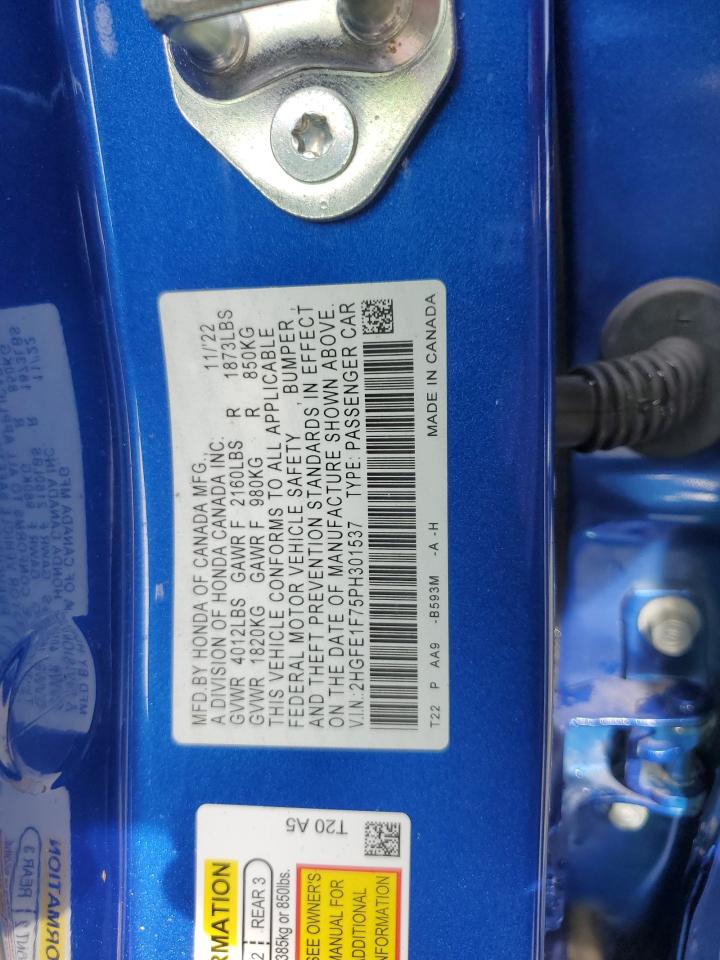 2023 HONDA CIVIC EX VIN:2HGFE1F75PH301537