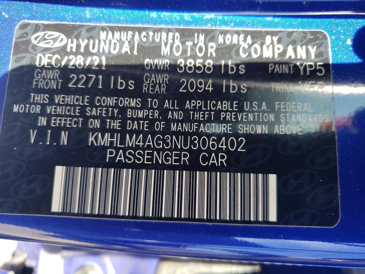 2022 HYUNDAI ELANTRA SEL VIN:KMHLM4AG3NU306402