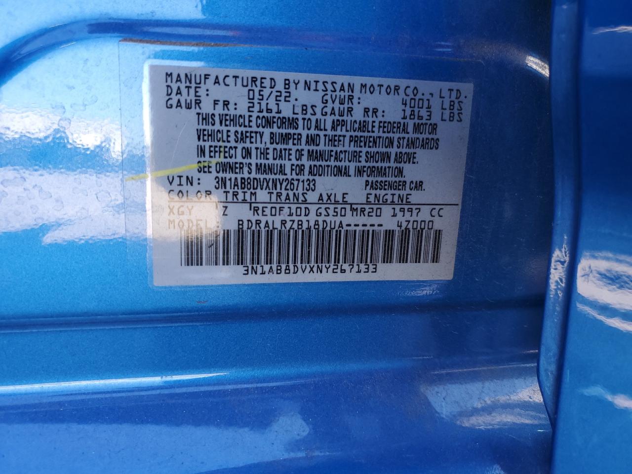 2022 NISSAN SENTRA SR VIN:3N1AB8DVXNY267133