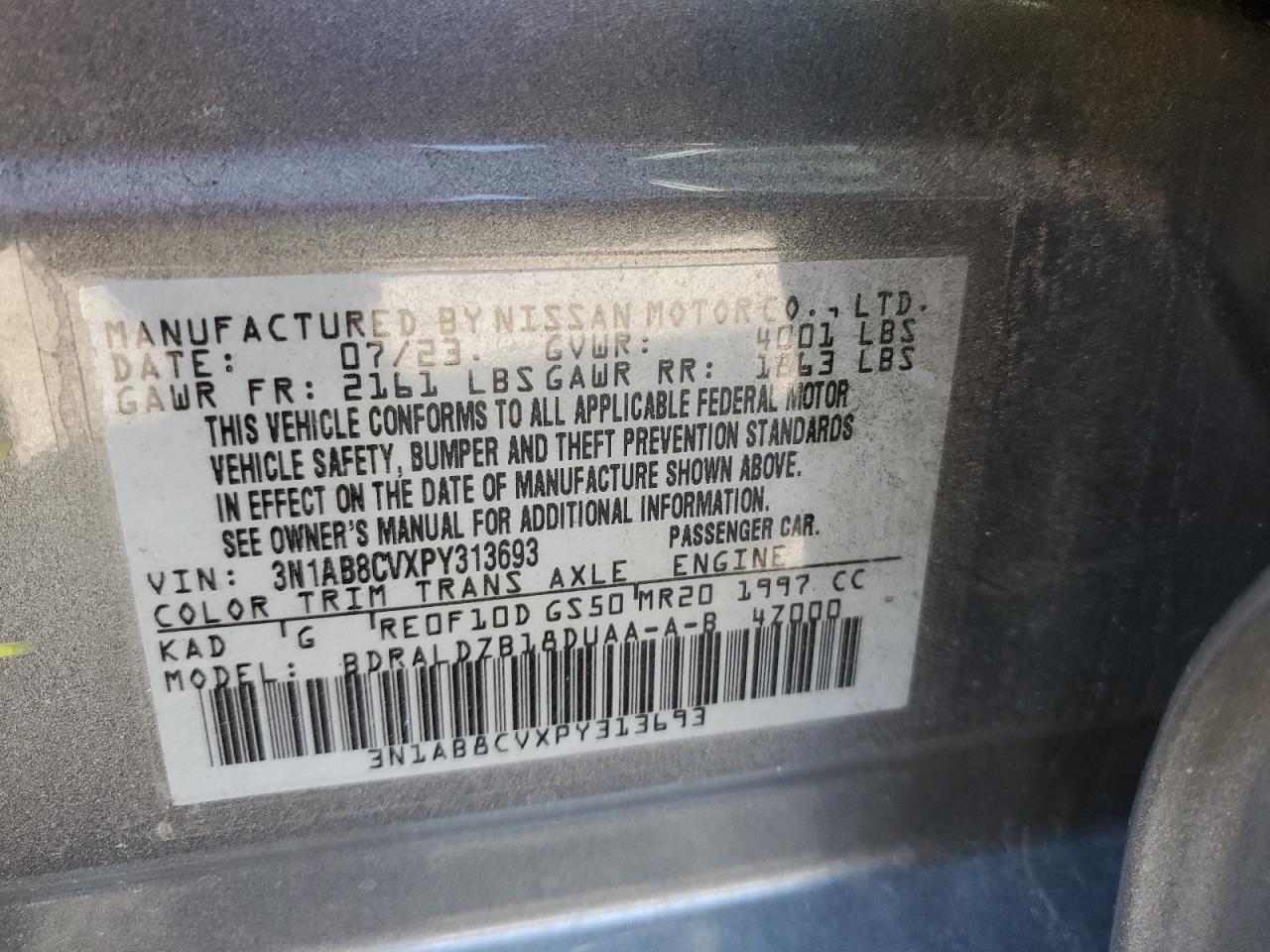 2023 NISSAN SENTRA SV VIN:3N1AB8CVXPY313693