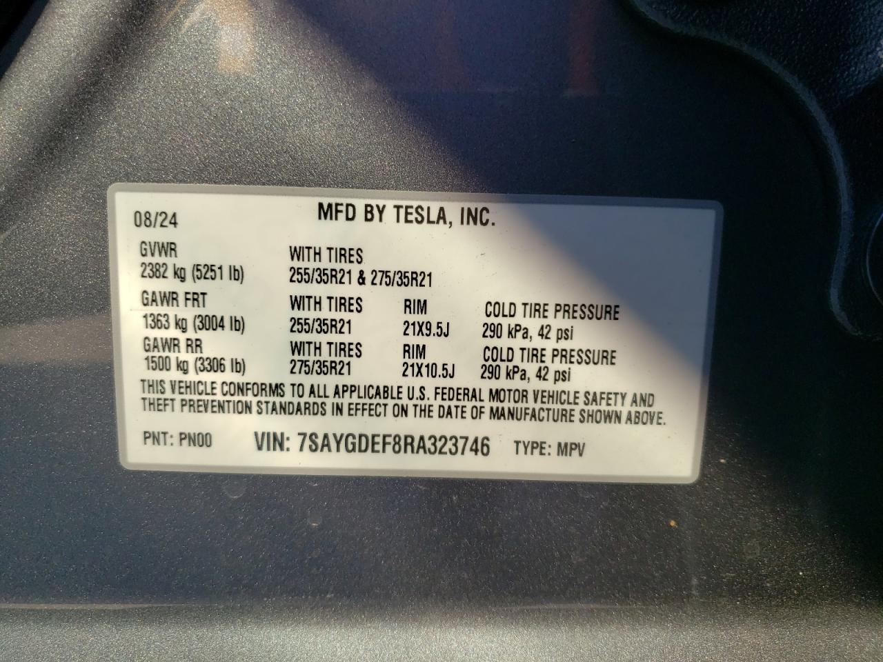 2024 TESLA MODEL Y  VIN:7SAYGDEF8RA323746