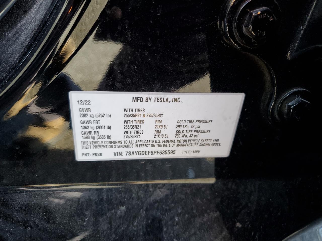 2023 TESLA MODEL Y  VIN:7SAYGDEF6PF635595