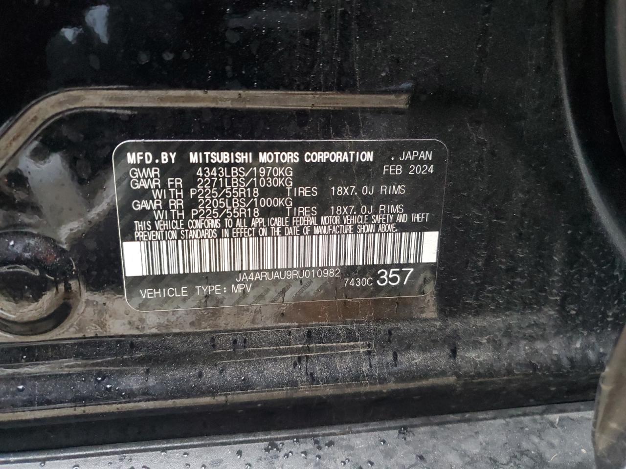 2024 MITSUBISHI OUTLANDER SPORT S/SE VIN:JA4ARUAU9RU010982