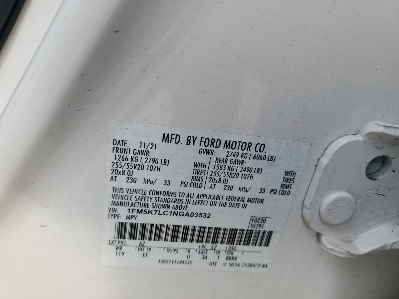 2022 FORD EXPLORER KING RANCH VIN:1FM5K7LC1NGA03532