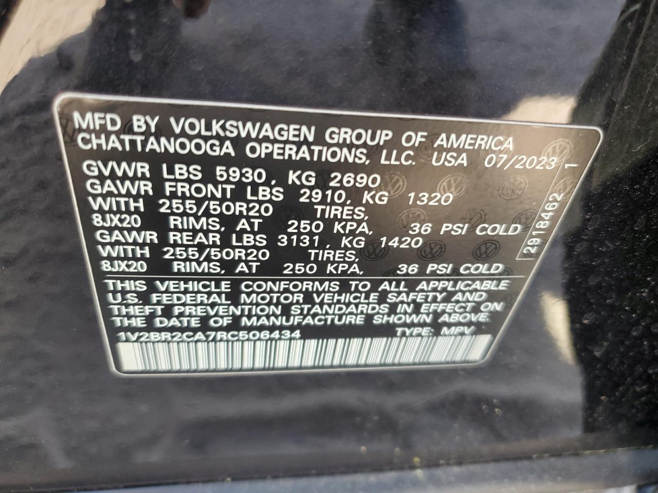 2024 VOLKSWAGEN ATLAS SEL VIN:1V2BR2CA7RC506434