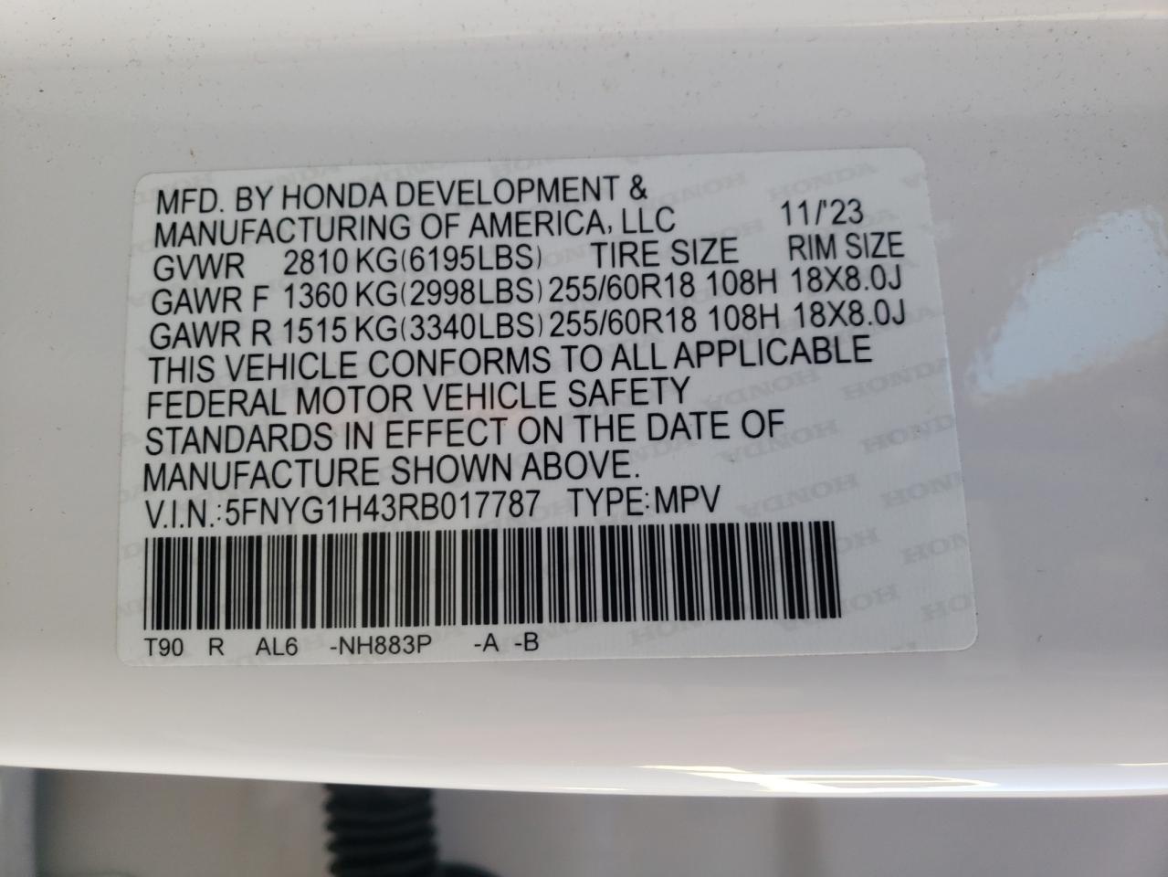 2024 HONDA PILOT EXL VIN:5FNYG1H43RB017787