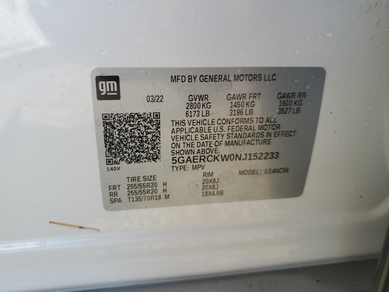 2022 BUICK ENCLAVE PREMIUM VIN:5GAERCKW0NJ152233