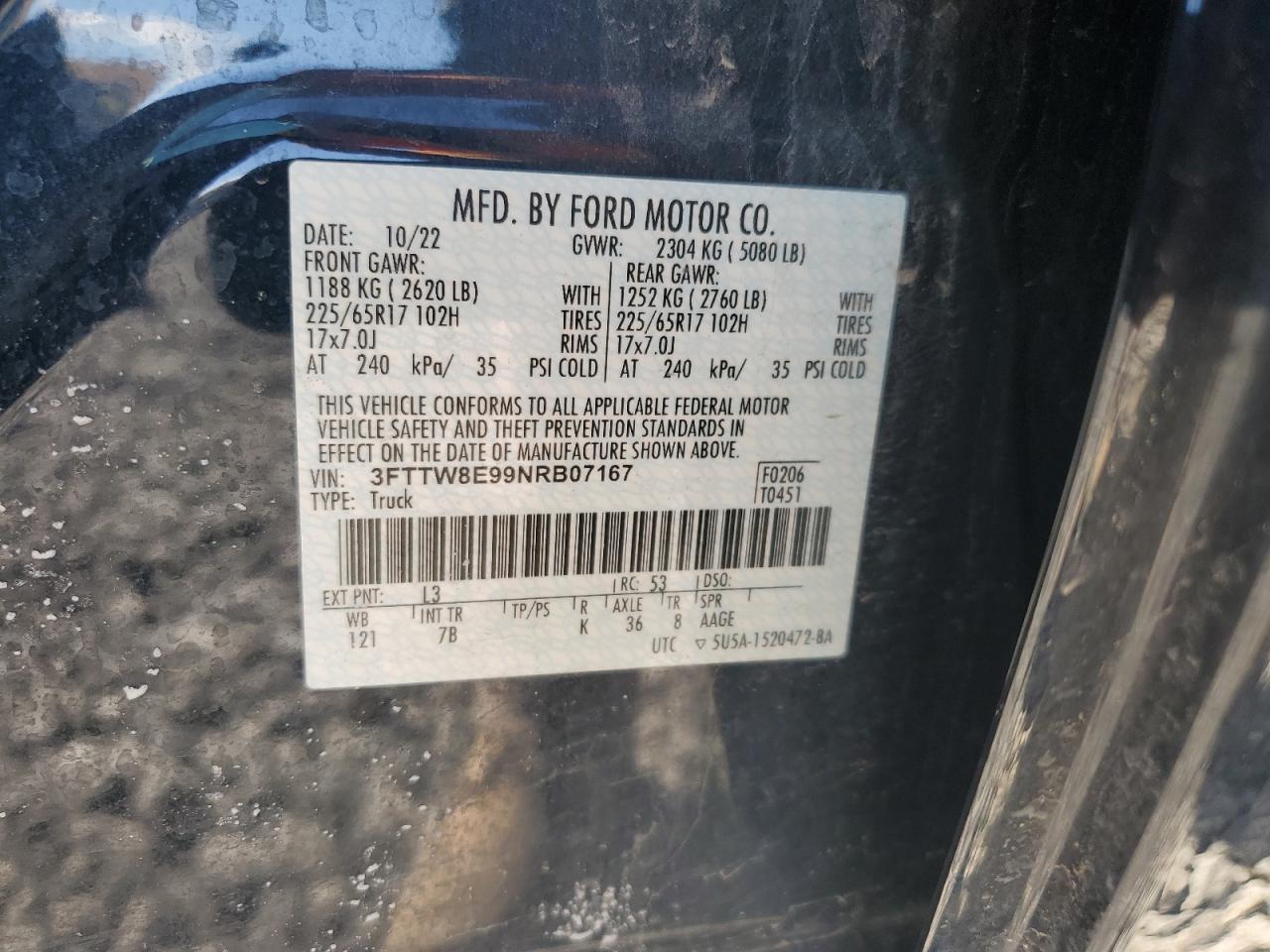 2022 FORD MAVERICK XL VIN:3FTTW8E99NRB07167