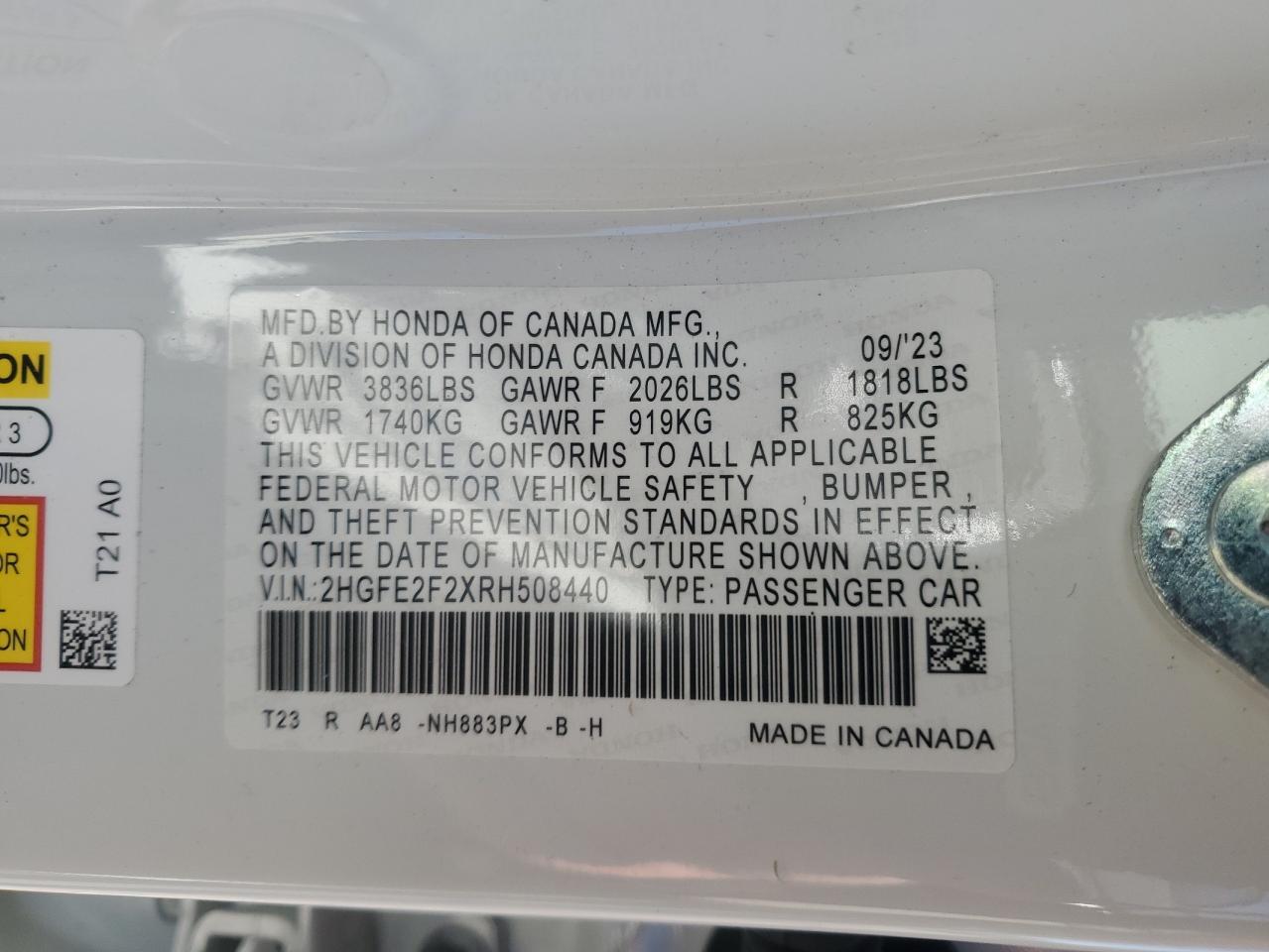 2024 HONDA CIVIC LX VIN:2HGFE2F2XRH508440