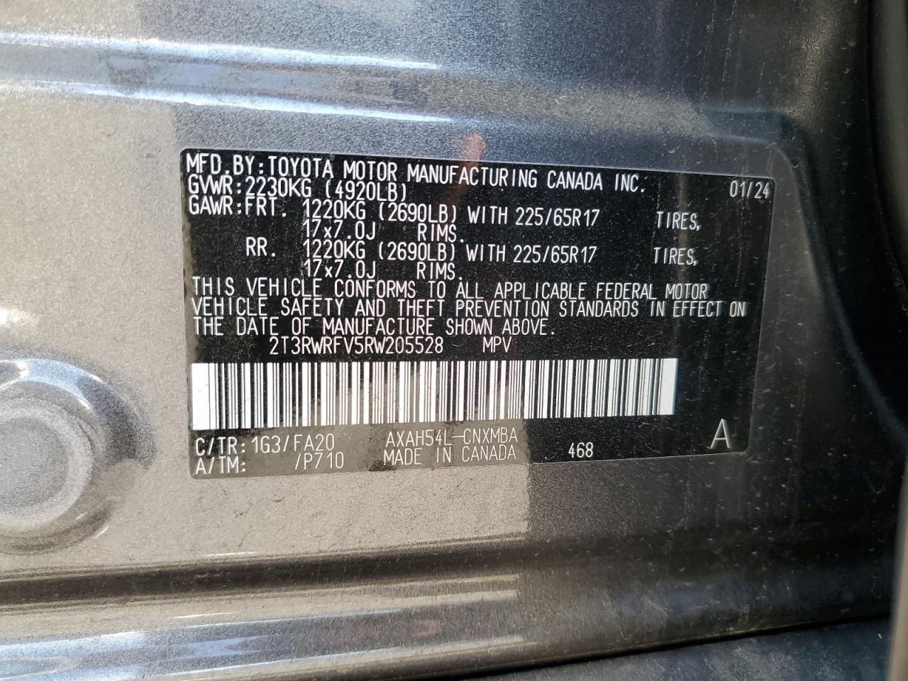 2024 TOYOTA RAV4 XLE VIN:2T3RWRFV5RW205528