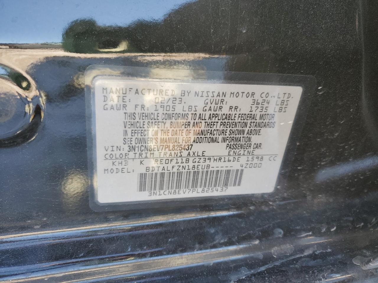 2023 NISSAN VERSA SV VIN:3N1CN8EV7PL825437