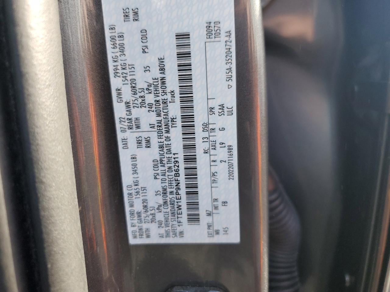 2022 FORD F150 SUPERCREW VIN:1FTEW1EP9NFB62911
