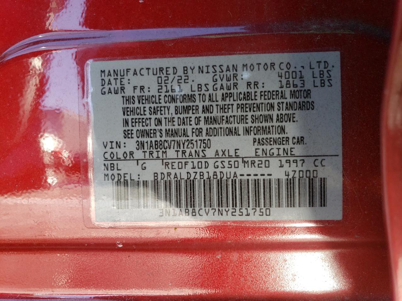 2022 NISSAN SENTRA SV VIN:3N1AB8CV7NY251750
