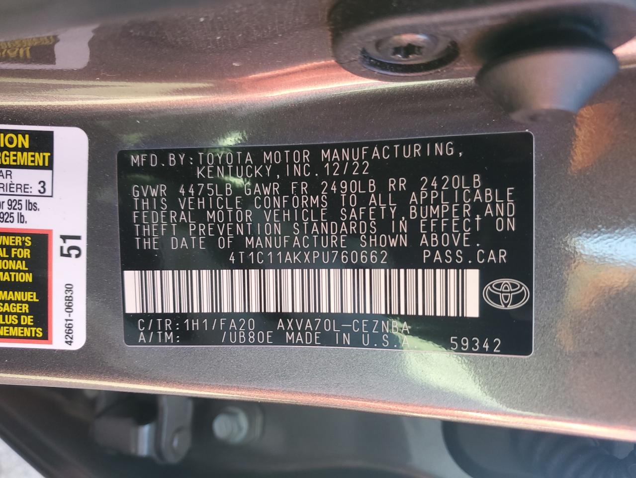 2023 TOYOTA CAMRY LE VIN:4T1C11AKXPU760662