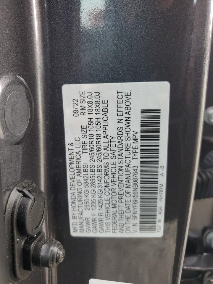 2022 HONDA PILOT EXL VIN:5FNYF6H56NB087643