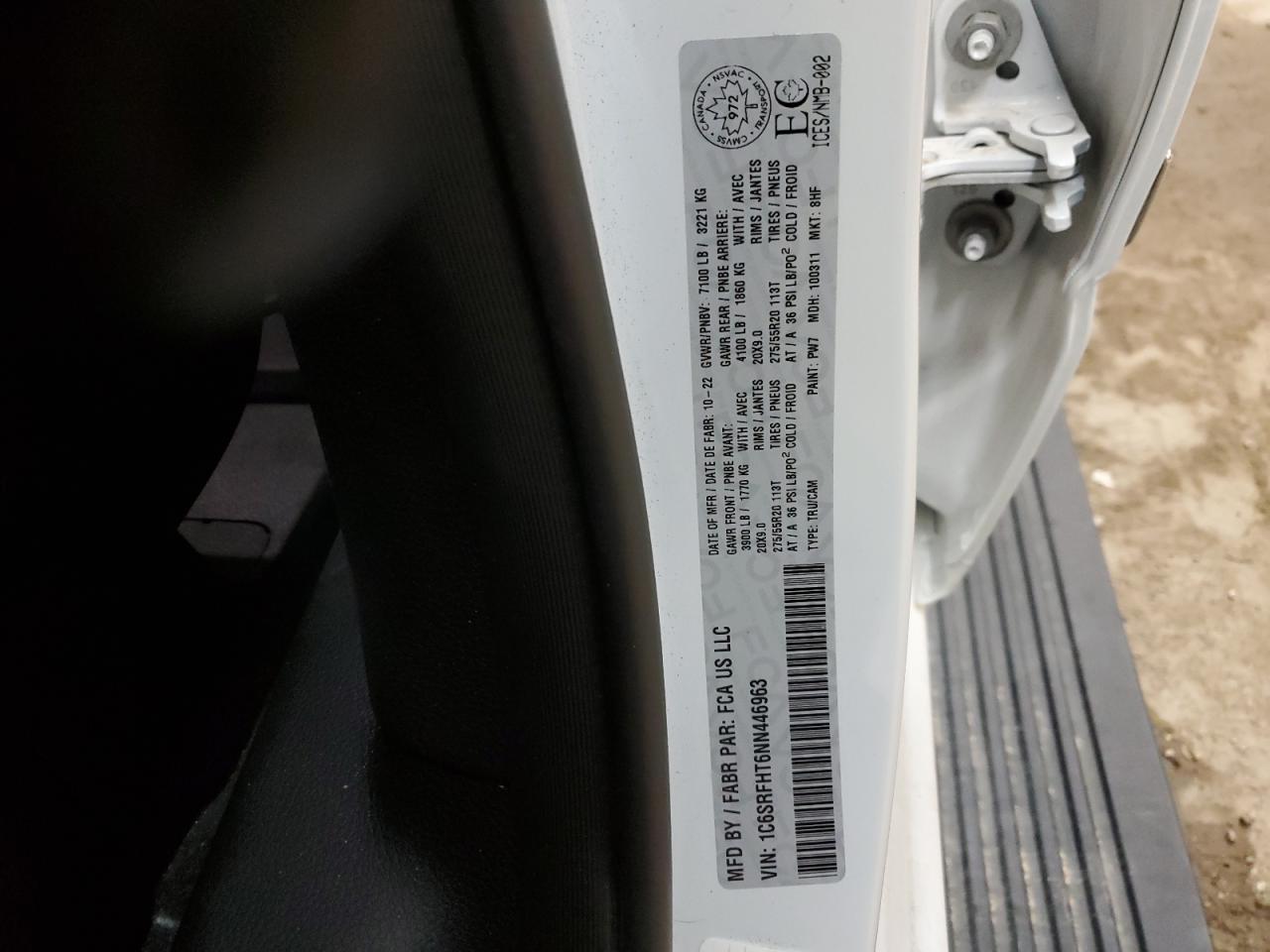 2022 RAM 1500 LIMITED VIN:1C6SRFHT6NN446963