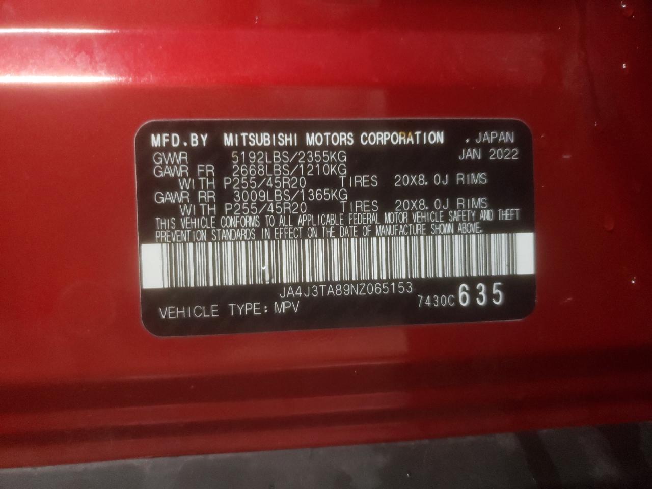 2022 MITSUBISHI OUTLANDER ES VIN:JA4J3TA89NZ065153