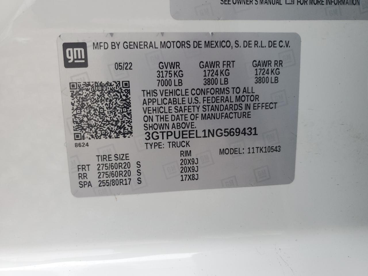 2022 GMC SIERRA K1500 AT4 VIN:3GTPUEEL1NG569431