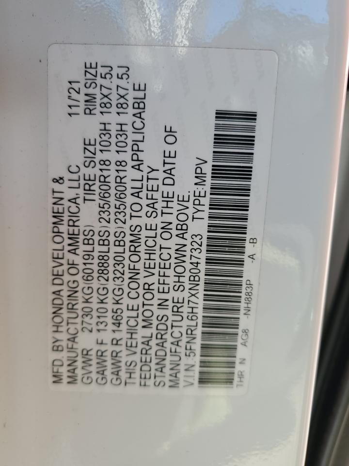 2022 HONDA ODYSSEY EXL VIN:5FNRL6H7XNB047323