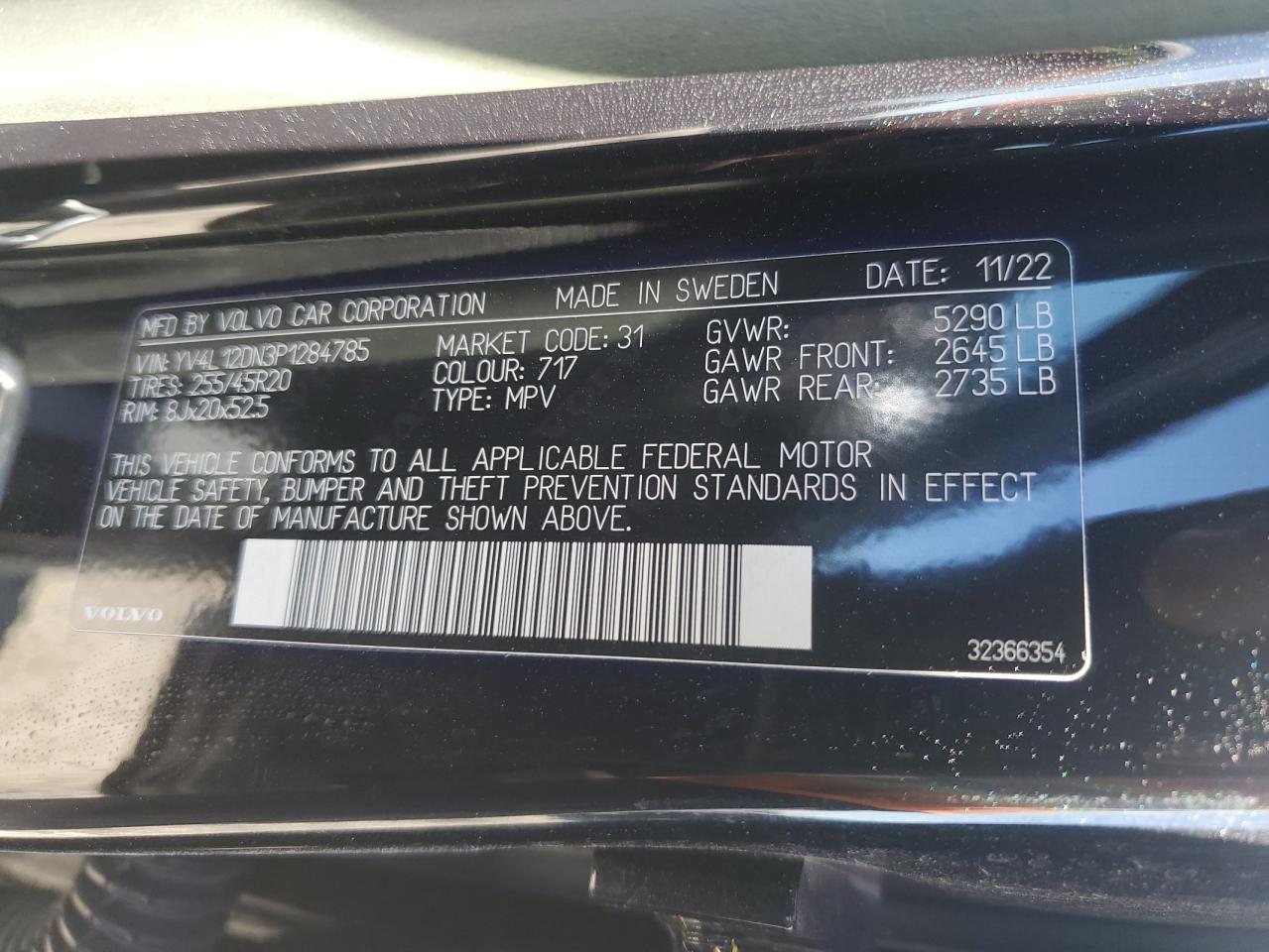 2023 VOLVO XC60 PLUS VIN:YV4L12DN3P1284785