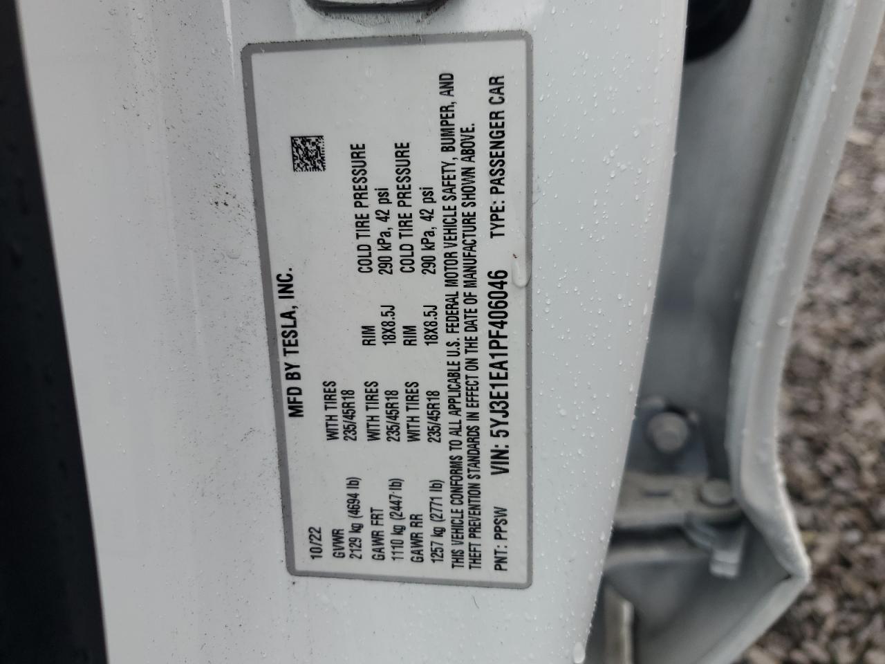2023 TESLA MODEL 3  VIN:5YJ3E1EA1PF406046