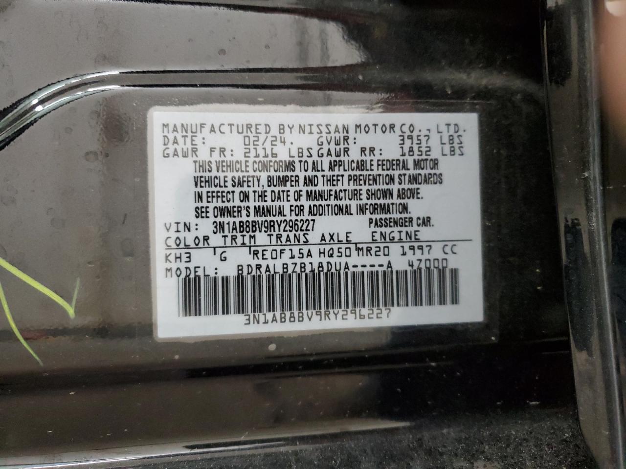 2024 NISSAN SENTRA S VIN:3N1AB8BV9RY296227